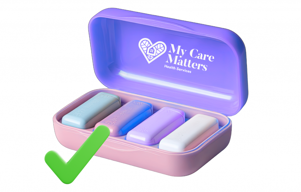 Senior using a labeled pill organizer with the assistance of a My Care Matters caregiver in Vancouver, BC, to manage medications safely and effectively.