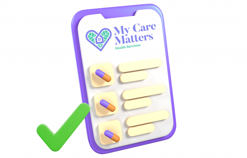 Senior reviewing a medication checklist with the support of a My Care Matters caregiver in Vancouver, BC, ensuring accurate and safe medication management.