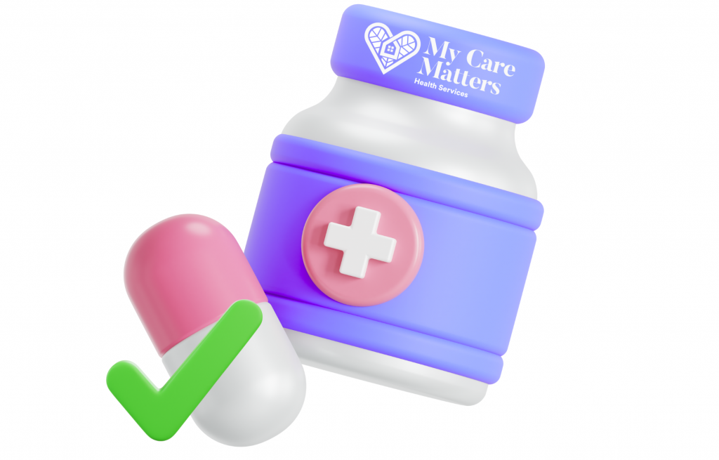 Senior organizing medications in their original packaging with assistance from a My Care Matters caregiver in Vancouver, BC, promoting safe and effective medication management.