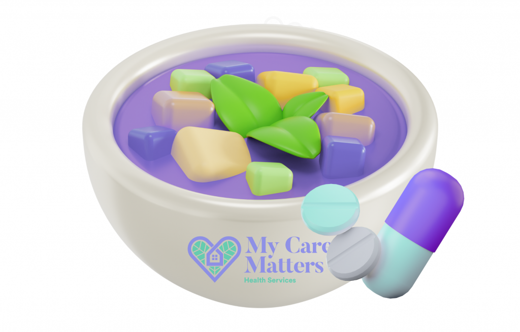 Caregiver helping a senior manage their diet and medications, ensuring proper nutrition and adherence to prescriptions. My Care Matters, Vancouver.