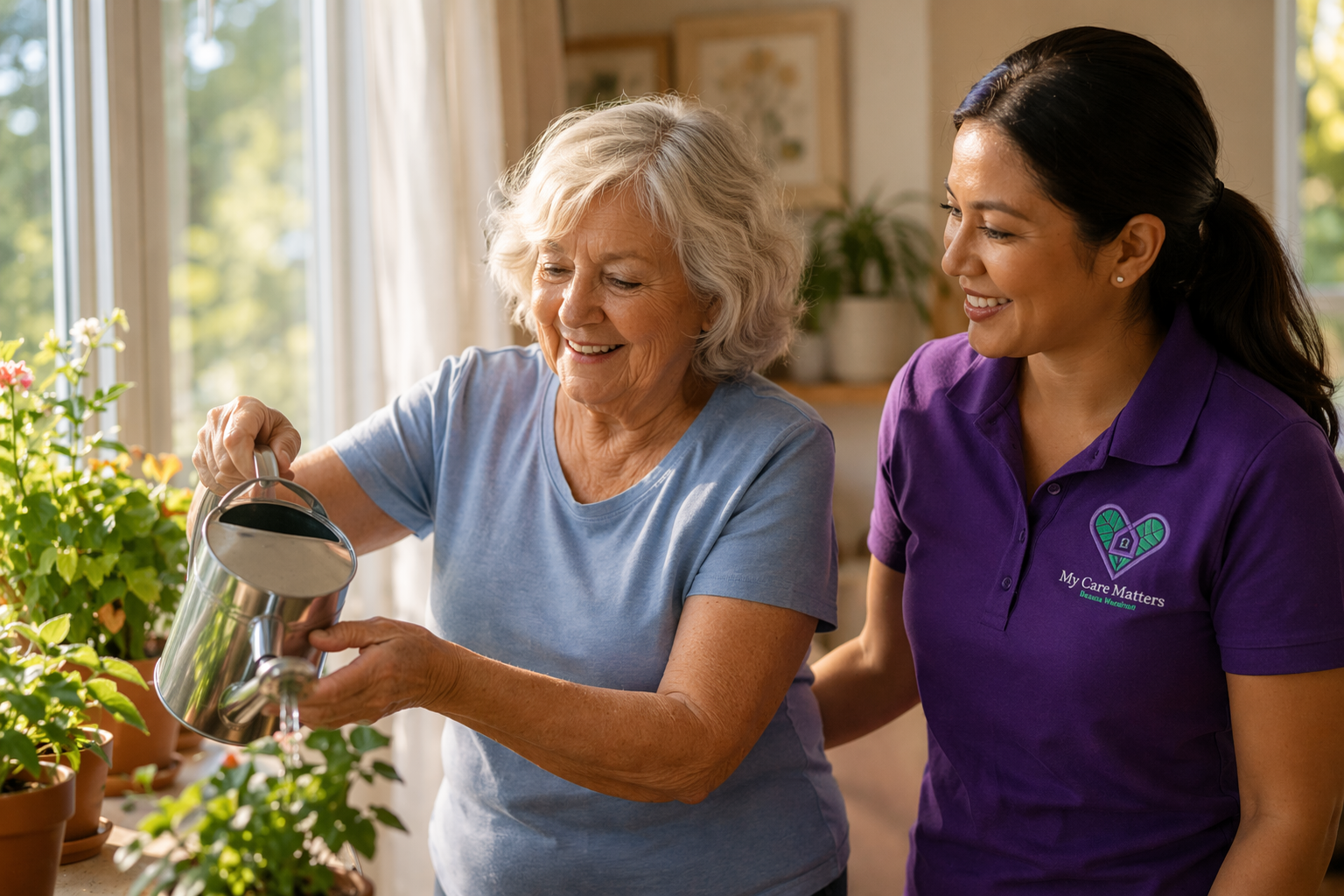 at-home-respite-care-happy-senior-woman-and-caregiver-gardening