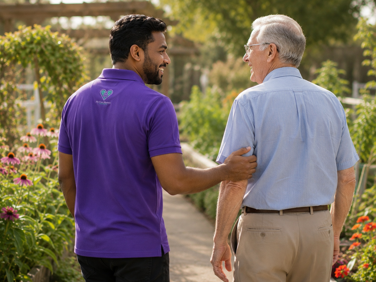 caregiver-and-senior-walking-in-garden-mycarematters