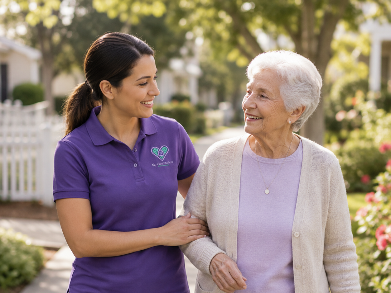 caregiver-supporting-elderly-woman-in-garden-mycarematters