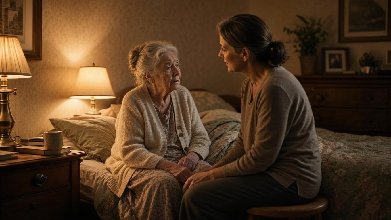 Daughter comforts her elderly mother in a warm bedroom