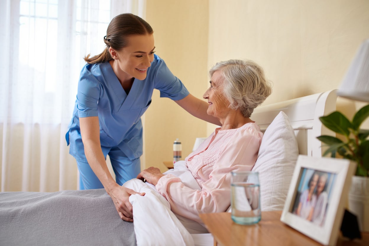 A smiling caregiver in blue scrubs gently assists a cheerful elderly woman sitting up in a sunlit bedroom, offering warm personal care